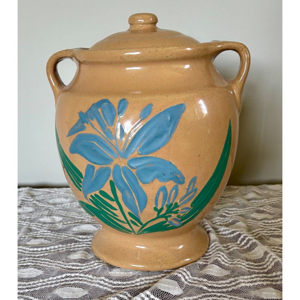Vintage McCoy Cookie Jar Blue Floral Stoneware Farmhouse Pottery w Lid USA